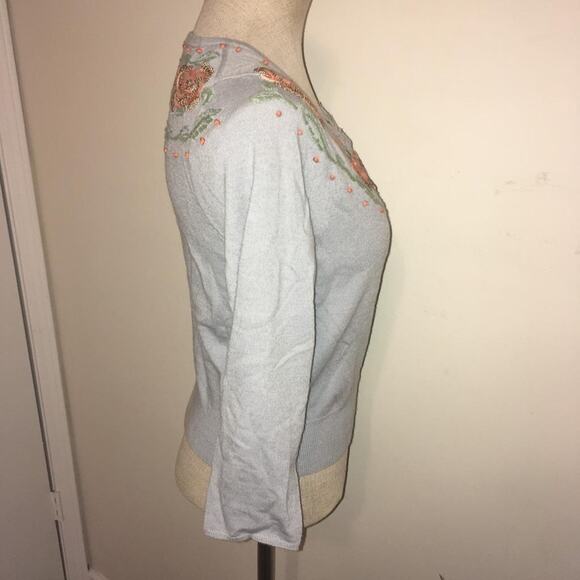 Moth Pink Bead & Embroidered Flower Detailed 100% Wool Blue Cardigan Sweater M - Picture 2 of 7